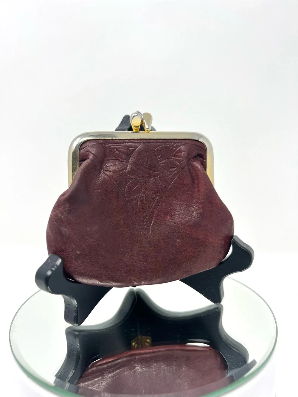 Vintage ROLFS Oxblood Burgundy Leather Coin Purse Kiss Lock Tooled Rose Boho